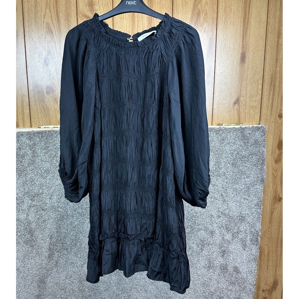 Mustard Seed Rouched Black Dress Size Small - Balloon‎ Sleeve - Lined -Silky